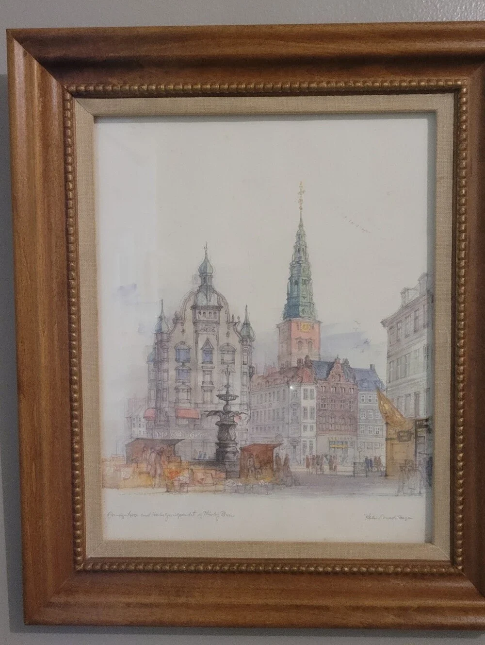 Mid-Century Danish Artist Mads Stage Copenhagen Cityscape Watercolor Print Frame